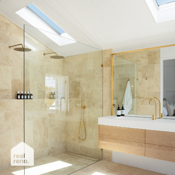 Caroma Urbane II Round Rain Shower Head 300mm Brushed Brass - The Blue Space Real Reno