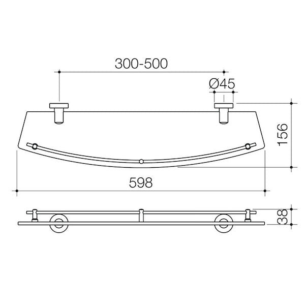 Caroma Cosmo Glass Shelf Single 600mm Technical Drawing - The Blue Space