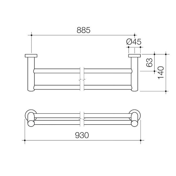 Caroma Cosmo Metal Double Towel Rail Technical Drawing - The Blue Space