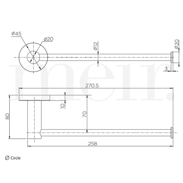 Meir Round Matte Black Guest Towel Rail Technical Drawing - The Blue Space