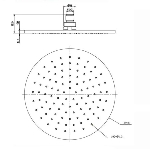 Technical Drawing - Nero Round Shower Head 250mm - Gun Metal Grey