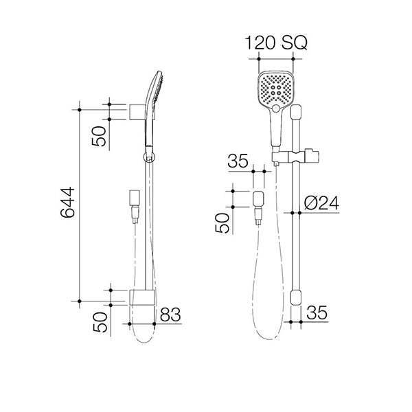 Caroma Luna Multifunctional Rail Shower Technical Drawing - The Blue Space
