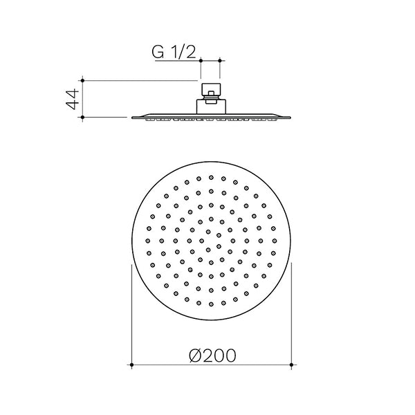Caroma Urbane II Round Rain Shower Head 200mm Technical Drawing - The Blue Space