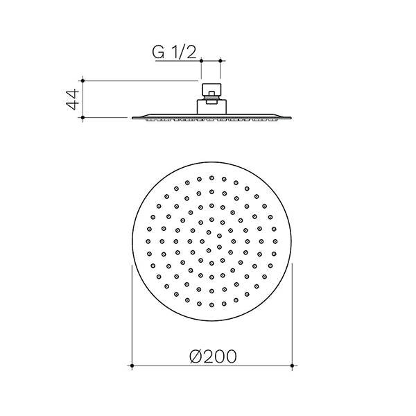 Caroma Urbane II Round Rain Shower Head 200mm Technical Drawing - The Blue Space