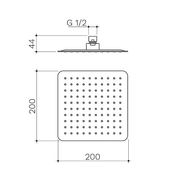 Caroma Urbane II Square Rain Shower Head 200mm Technical Drawing - The Blue Space