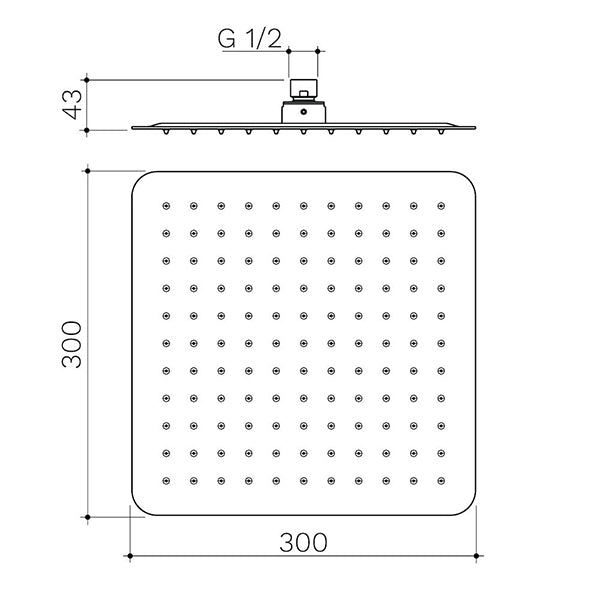 Caroma Urbane II Square Rain Shower Head 300mm Technical Drawing - The Blue Space