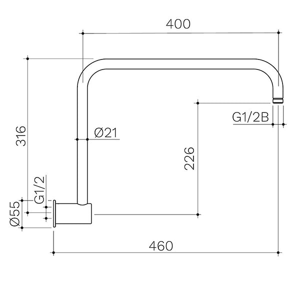 Caroma Urbane II Upswept Shower Arm Technical Drawing - The Blue Space