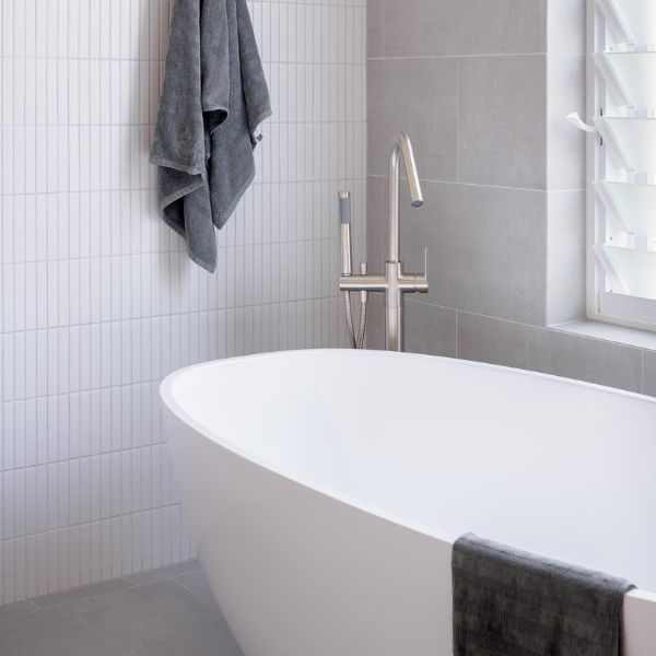 Meir Paddle Round Freestanding Bath Spout and Hand Shower Brushed Nickel in Modern Bathroom Design - The Blue Space