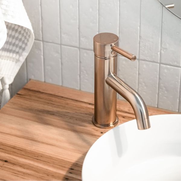 Meir Piccola Basin Mixer - Champagne in modern bathroom design - The Blue Space