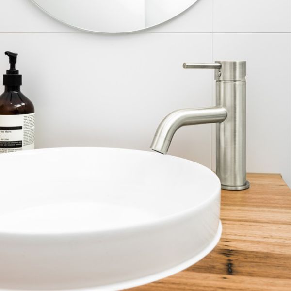 Meir Piccola Basin Mixer - Brushed Nickel features round undermount basin - The Blue Space