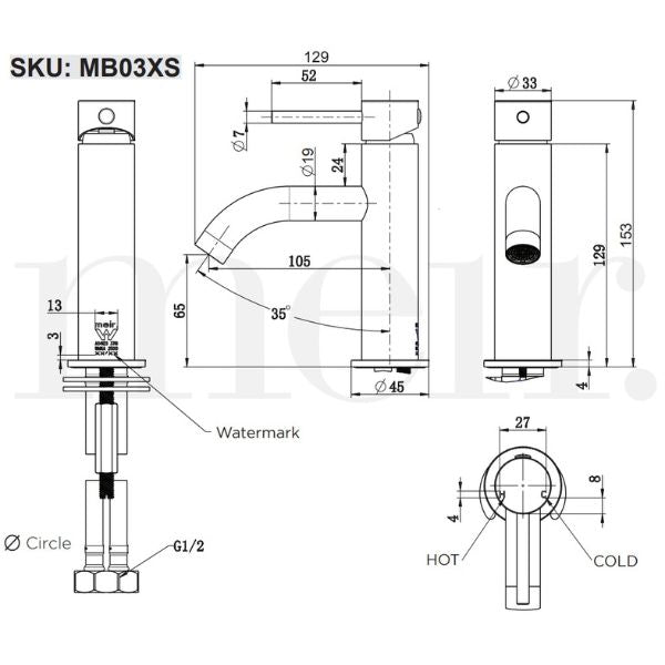 Technical Drawing: Meir Piccola Basin Mixer MB03XS