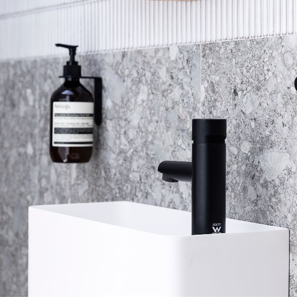 Meir Pinless Round Basin Mixer Matte Black in modern bathroom design - The Blue Space