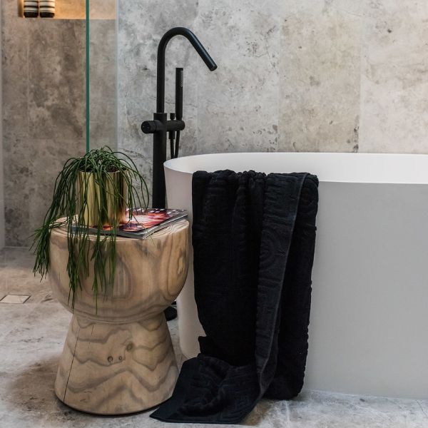 Meir Pinless Round Freestanding Bath Spout and Hand Shower Matte Black in Modern Bathroom Design - The Blue Space