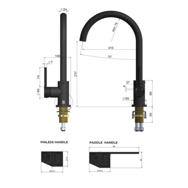 Technical Drawing: Meir Pinless Round Kitchen Sink Mixer