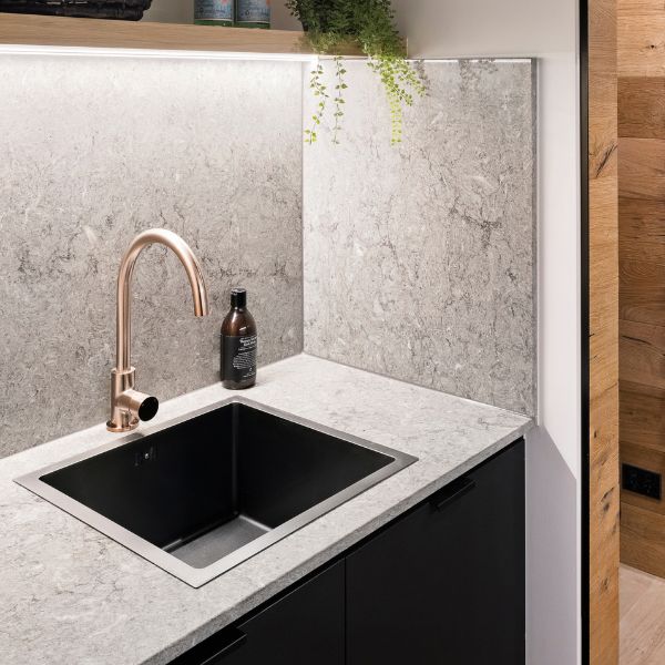 Meir Pinless Round Kitchen Sink Mixer Tap Champagne in Modern Kitchen Design - The Blue Space