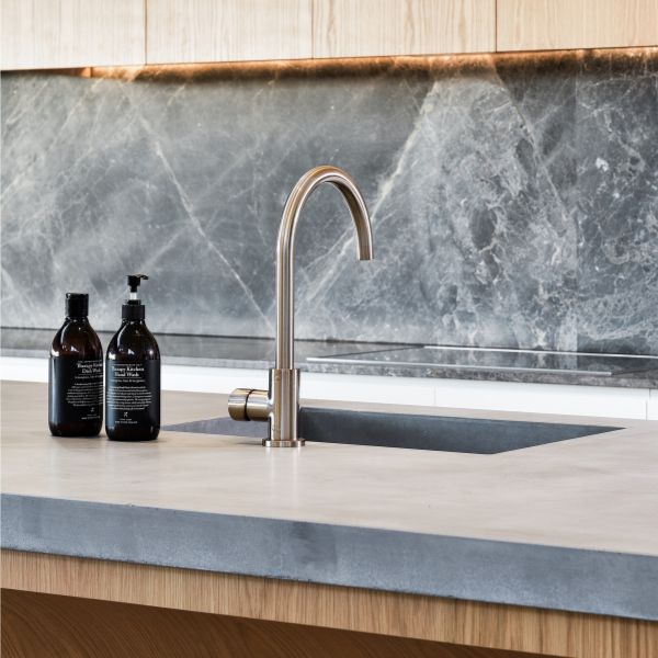 Meir Pinless Round Kitchen Sink Mixer Tap Champagne in Modern Kitchen Design - The Blue Space