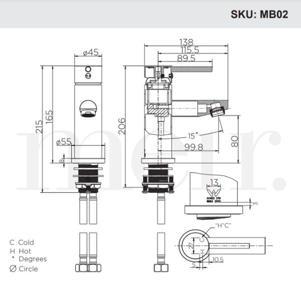 Meir Round Basin Mixer Technical Drawing - The Blue Space