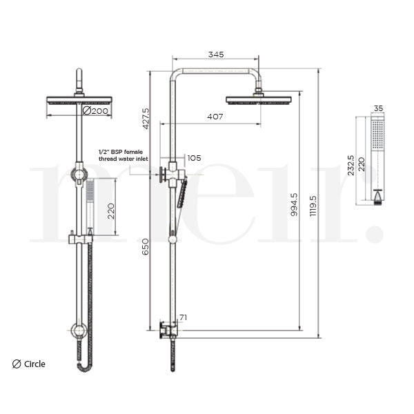 Meir Round Combination Shower Rail 200mm Rose & Hand Shower Technical Drawing - The Blue Space