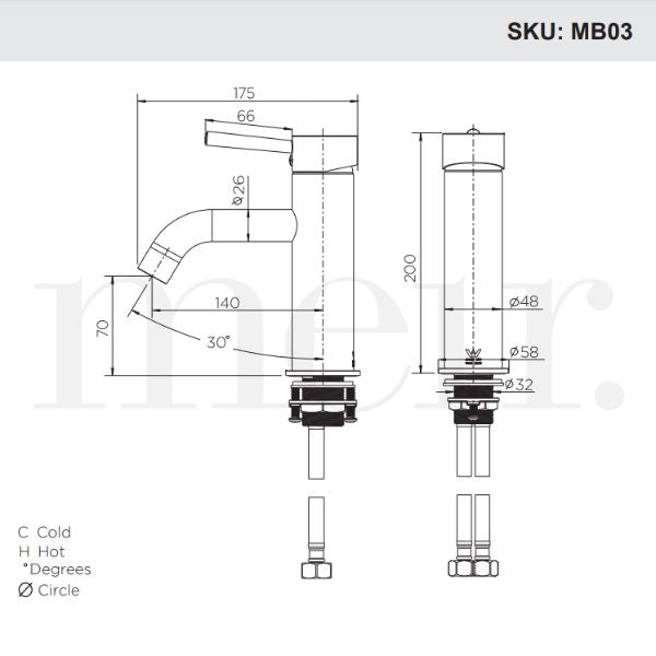Meir Round Curved Basin Mixer Technical Drawing - The Blue Space