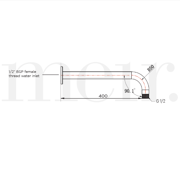Meir Round Curved Wall Shower Arm 400mm Technical Drawing - The Blue Space