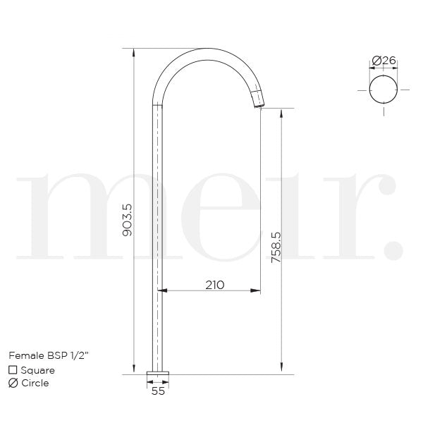 Meir Round Freestanding Bath Filler Technical Drawing - The Blue Space