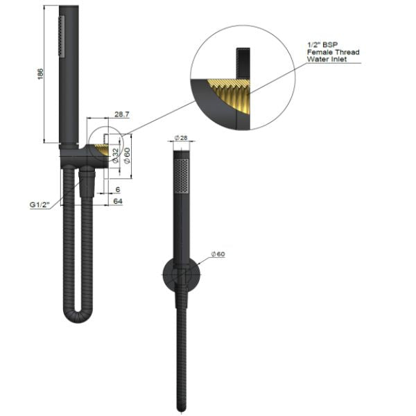 Meir Round Hand Shower on Fixed Bracket Technical Drawing - The Blue Space
