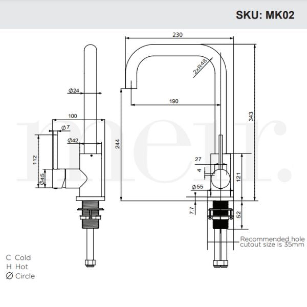 Meir Round Kitchen Mixer Tap Technical Drawing - The Blue Space