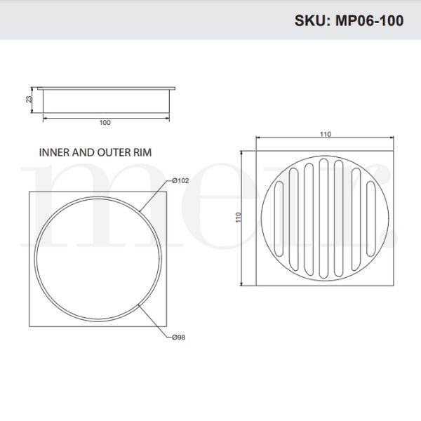 Meir Square Floor Grate Shower Drain 100mm Outlet Technical Drawing - The Blue Space