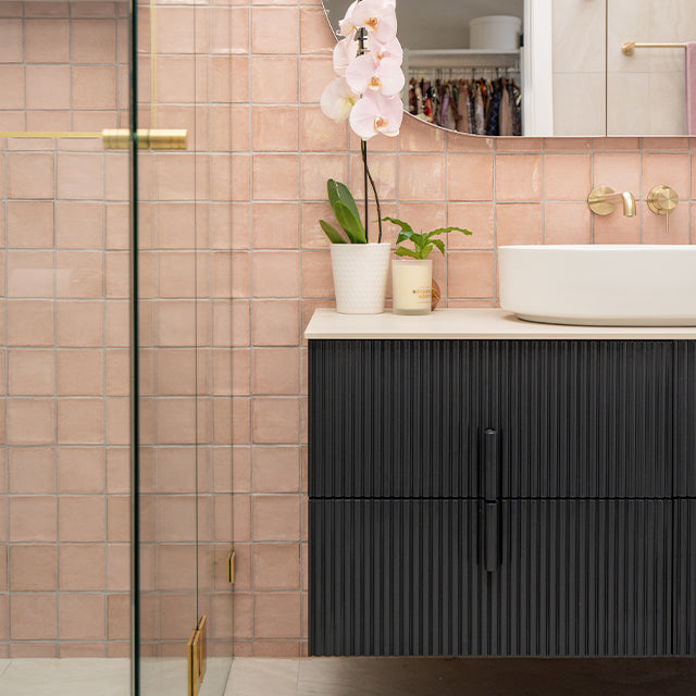 Bao Pill 500mm Above Counter Basin - Matte White and Nero Mecca Wall Basin/Bath Mixer Separate Back Plate 185mm Brushed Gold, Pink Dianna Tiles, Ingrain Contoured Vanity | The Blue Space x Cam and Jules Bathroom Collaboration