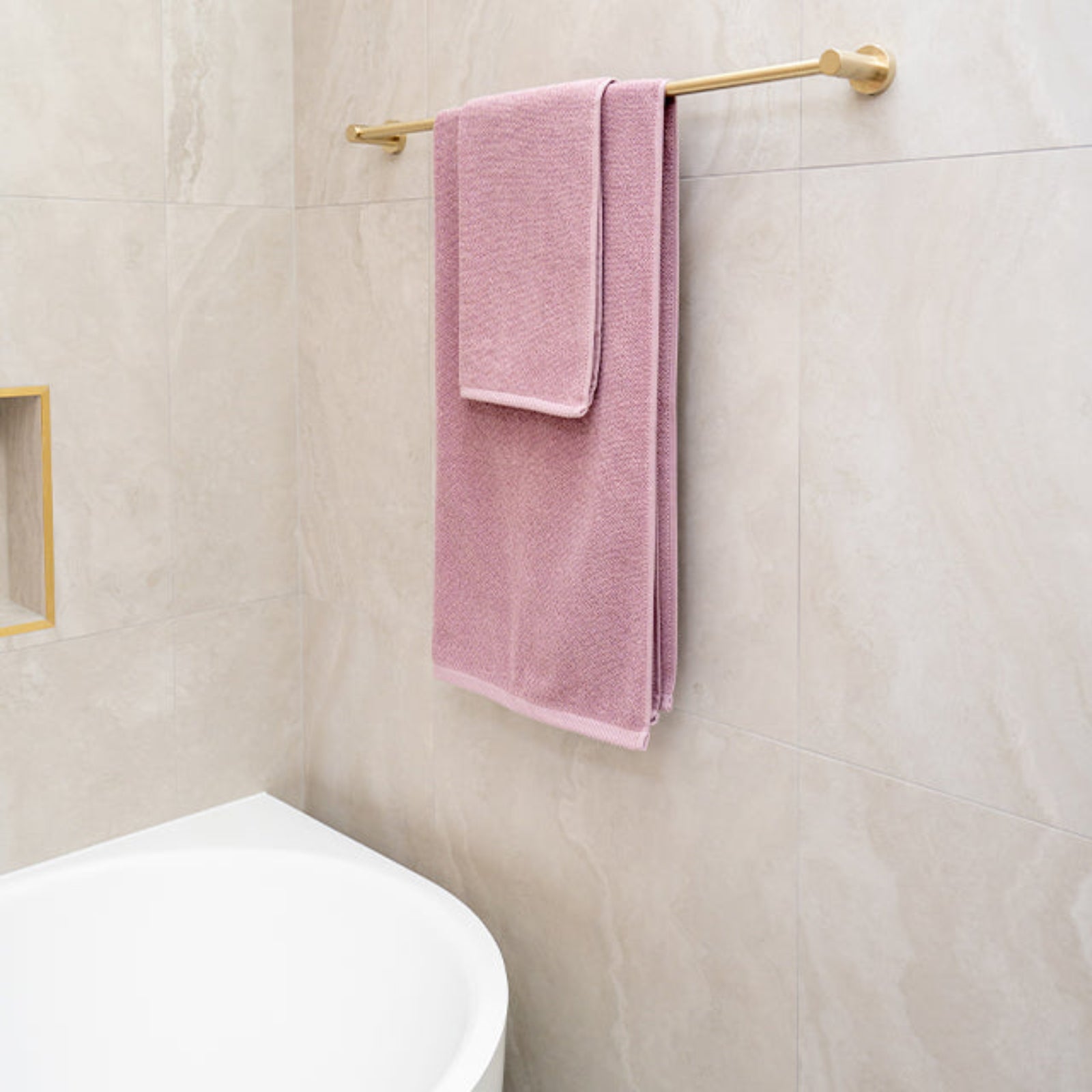 Nero Mecca Care 25mm Grab Rail 1200mm Brushed Gold | The Blue Space x Cam and Jules Pink Bathroom 