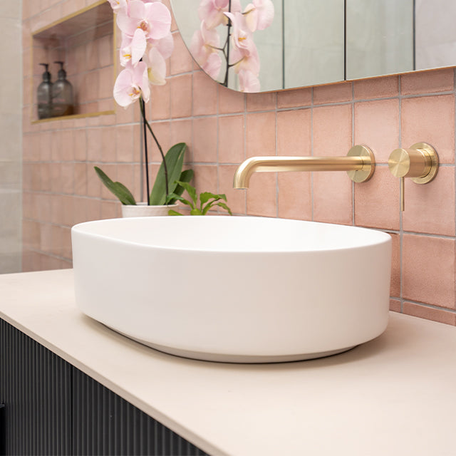 Bao Pill 500mm Above Counter Basin - Matte White and Nero Mecca Wall Basin/Bath Mixer Separate Back Plate 185mm Brushed Gold, Pink Dianna Tiles, Ingrain Contoured Vanity | The Blue Space x Cam and Jules Bathroom Collaboration