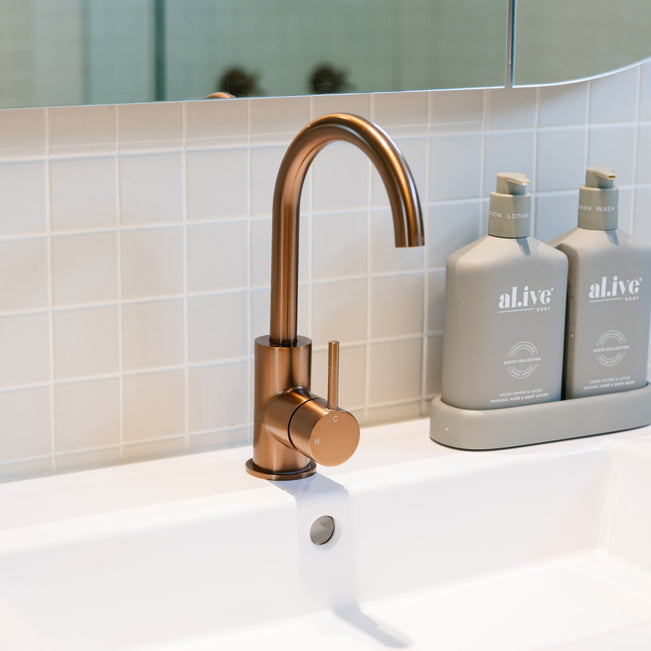 Meir Round Gooseneck Basin Mixer with Cold Start Lustre Bronze