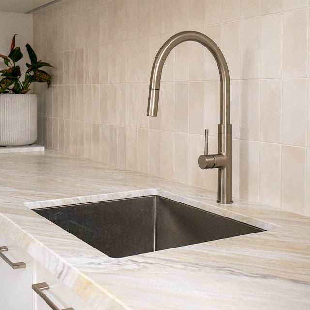 Caroma Liano brushed nickel laundry and kitchen taps | Modern Laundry Renovation | The Blue Space