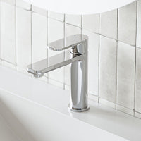 Caroma Luna Lead Free Basin Mixer Chrome in bathroom with white textured subway tiles