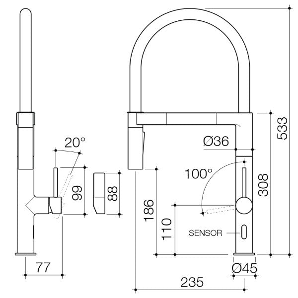 Caroma Liano II Pull Down Sensor Sink Mixer with Dual Spray Technical Drawing - The Blue Space