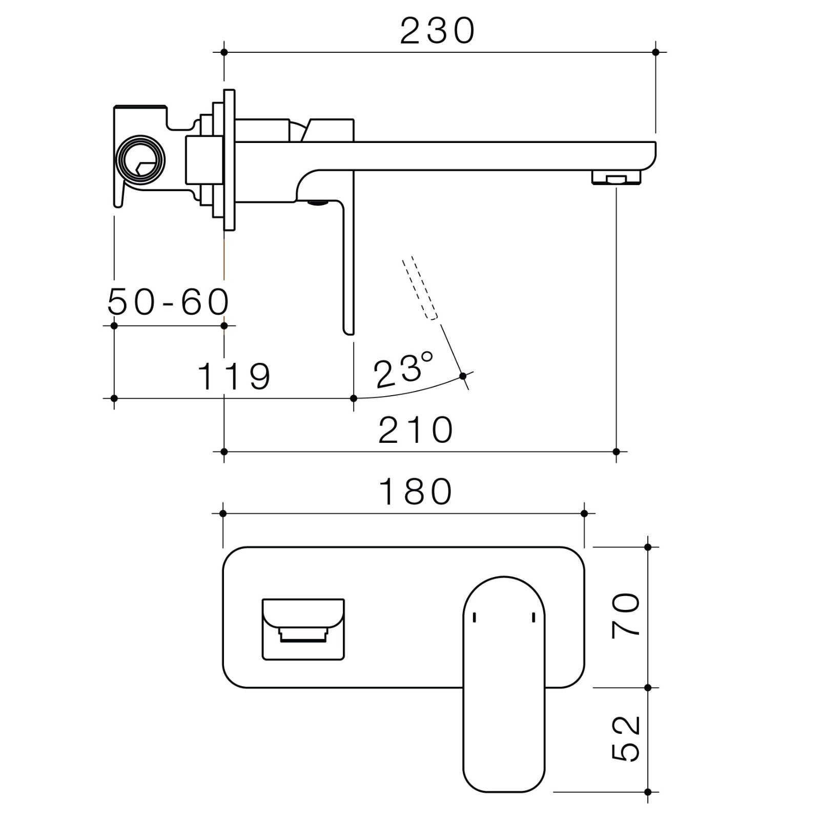 Technical Drawing Caroma Luna Lead Free Wall Basin/Bath Mixer Brushed Brass 68186BB6AF - The Blue Space