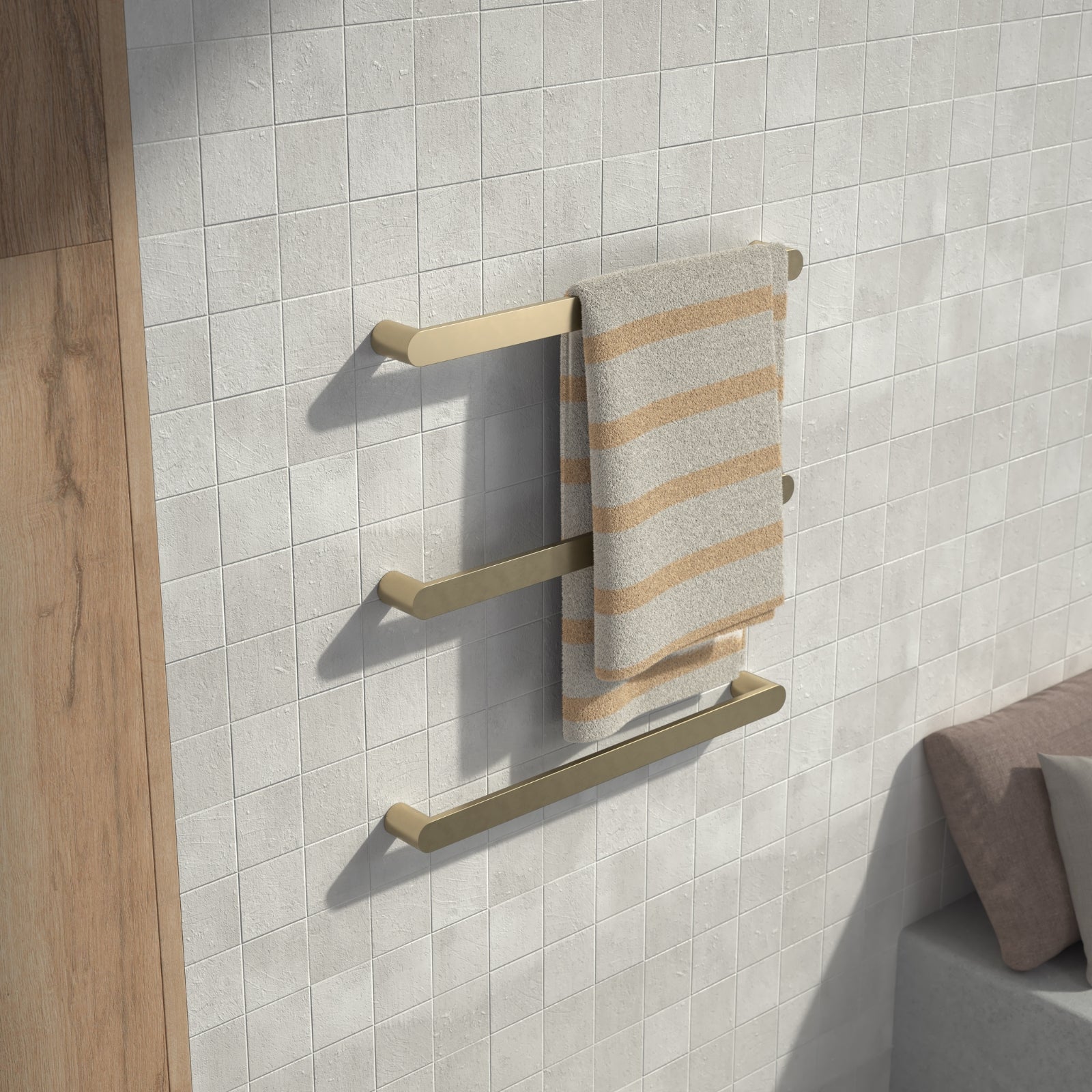 Lifestyle 2 Caroma Urbane II Heated Towel Rail - Horizontal - Brushed Brass 11202084BB - The Blue Space
