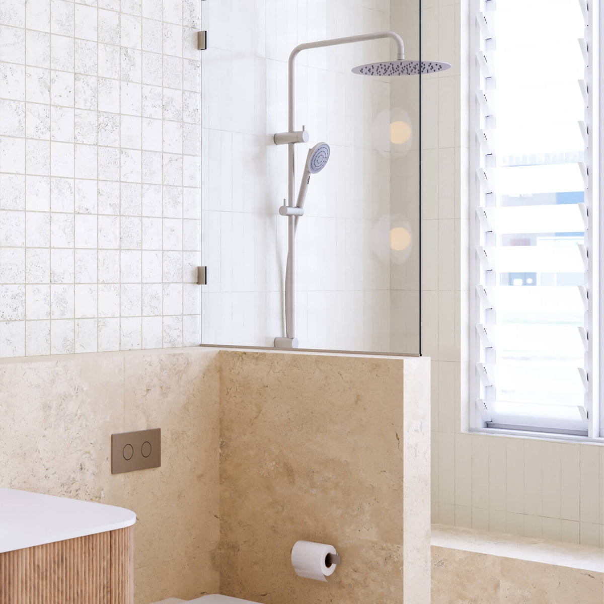 Caroma Urbane II Rail Shower 300mm Overhead Chrome lifestyle image | The Blue Space