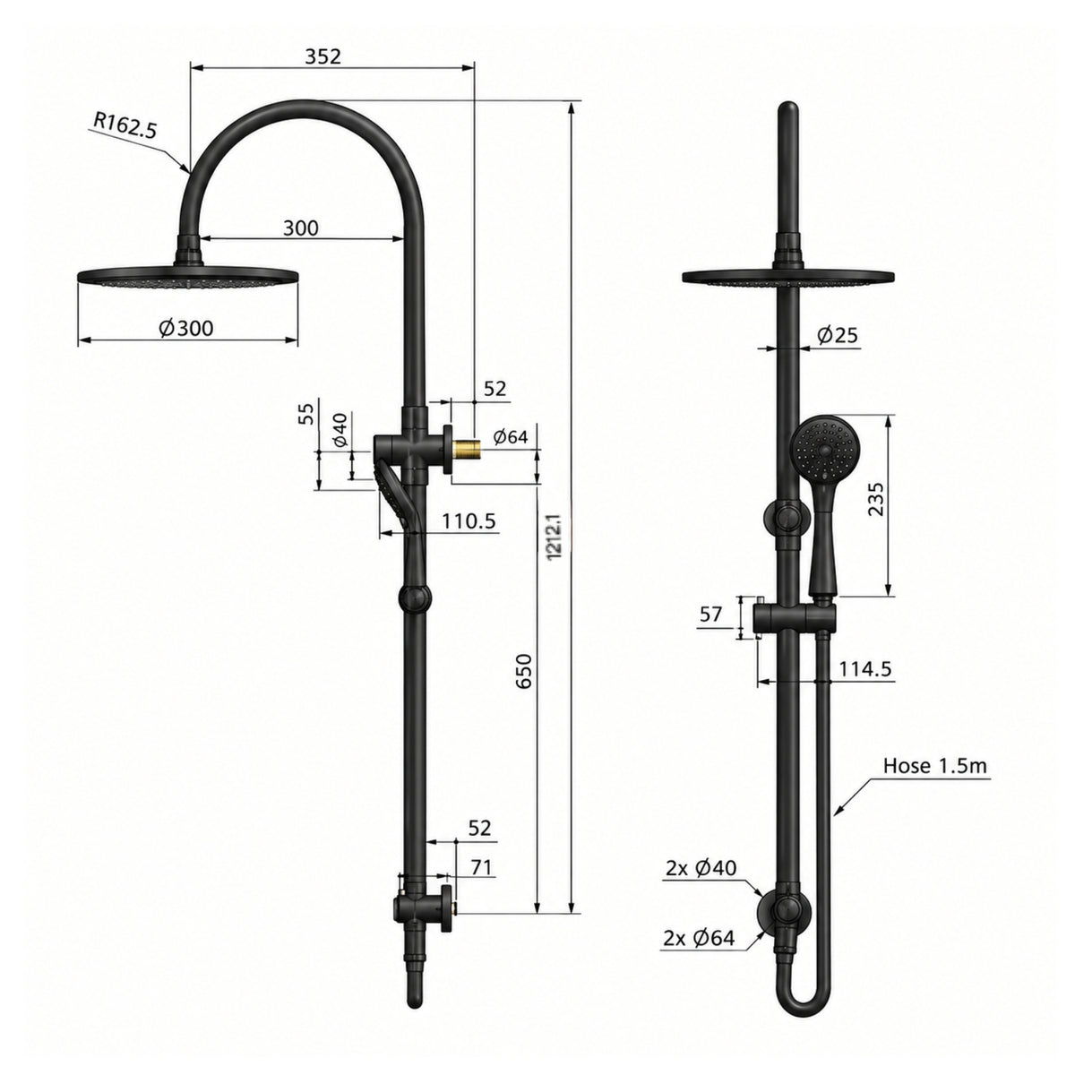 Line Drawing Meir Gooseneck Shower Set with 300mm rose, Three-Function Hand Shower Chrome  MZ0906-C - The Blue Space
