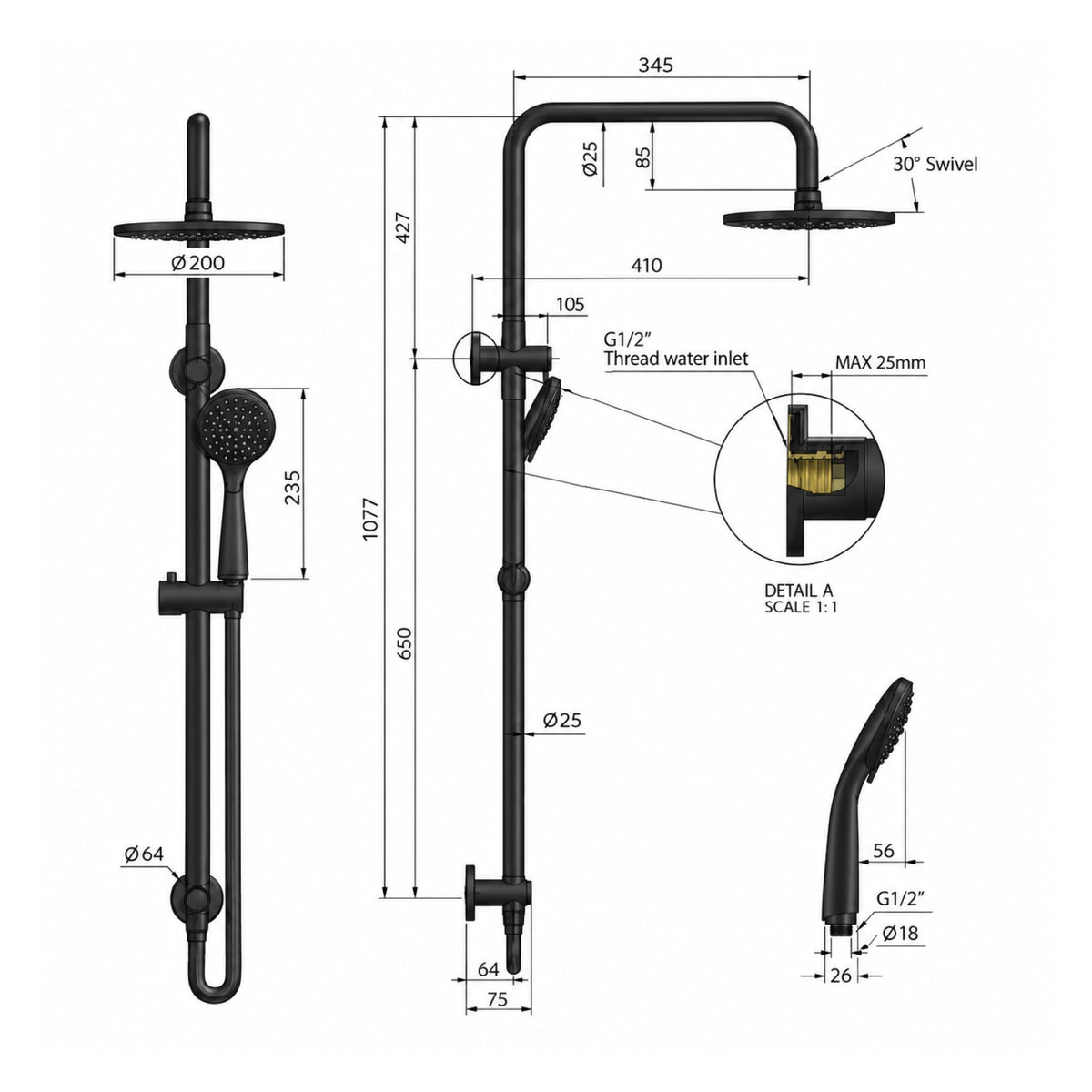 Line Drawing Meir Round Combination Shower Rail 200mm, 3 Function Hand Shower Champagne MZ0704-CH - The Blue Space