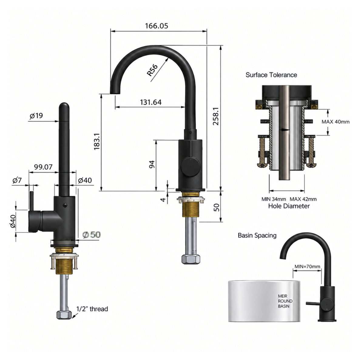 Line Drawing Meir Round Gooseneck Basin Mixer with Cold Start Chrome MB17-C - The Blue Space