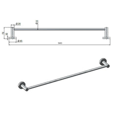 Technical Drawing Meir Round Single Towel Rail 600mm Chrome MR01-SR60-C - The Blue Space