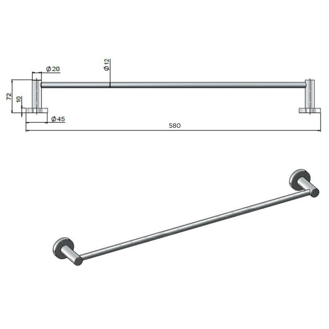 Technical Drawing Meir Round Single Towel Rail 600mm Chrome MR01-SR60-C - The Blue Space