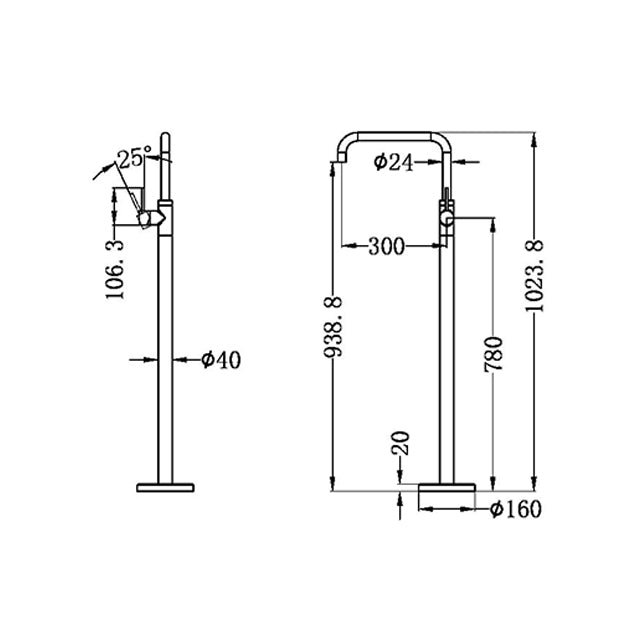 nero mecca freestanding bath mixer square shape gun metal technical drawing | The Blue Space