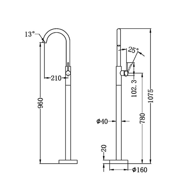 nero mecca freestanding bath mixer black matte technical drawing | The Blue Space