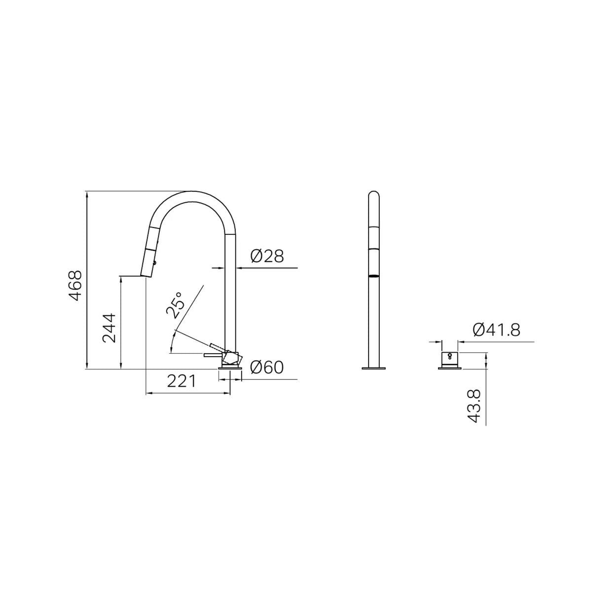 Technical Drawing Nero Mecca Hob Mounted Pull Out Sink Mixer - Brushed Gold NR221908BBG