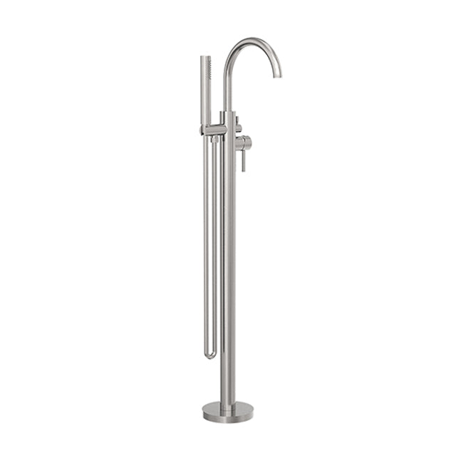 nero mecca round freestanding mixer with hand shower brushed nickel | The Blue Space