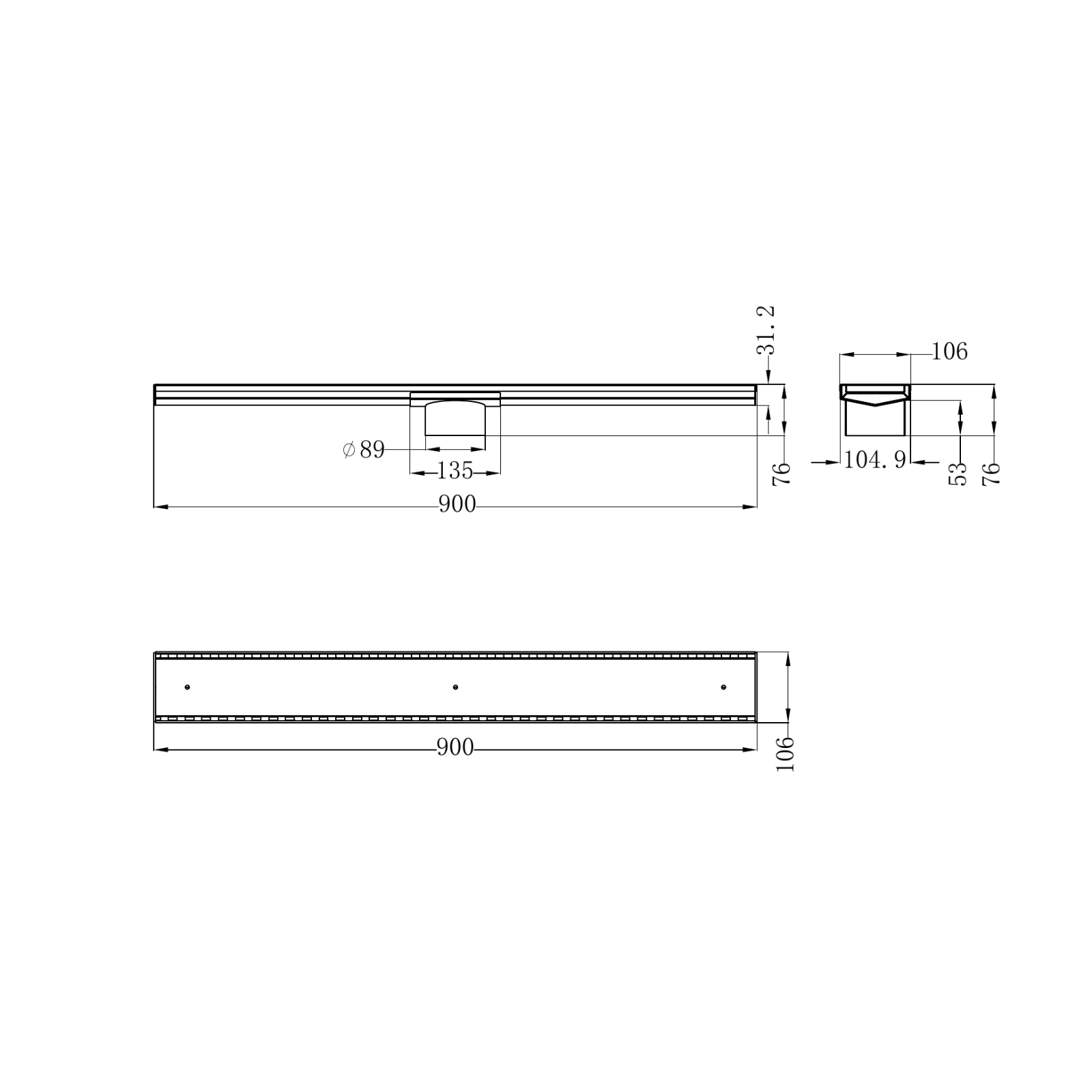 Technical Drawing Nero Tile Insert V Channel 900x106mm Floor Grate 90mm Outlet Gun Metal NRFG001HSGM - The Blue Space