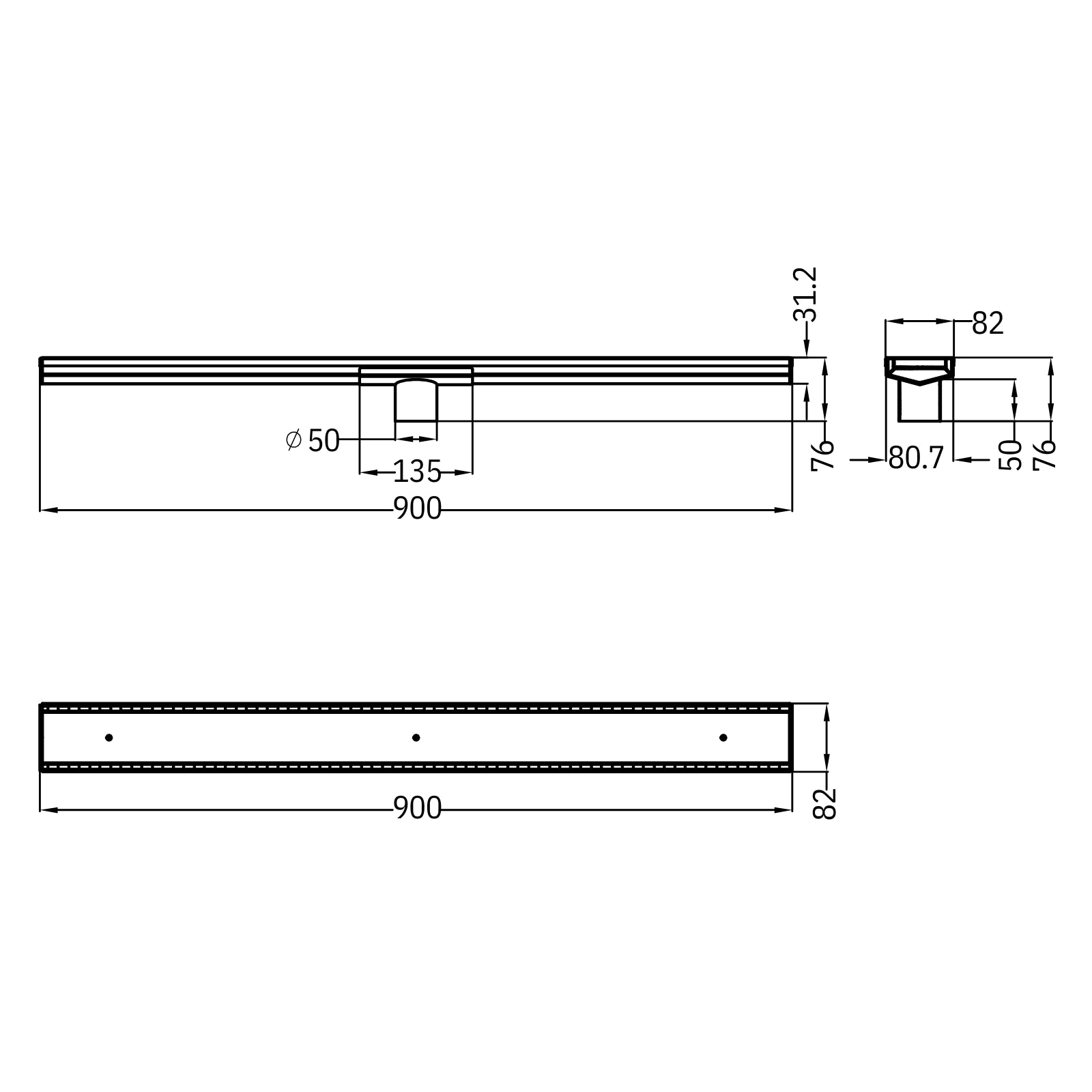 Technical Drawing Nero Tile Insert V Channel 900x82mm Floor Grate 50mm Outlet Brushed Gold NRFG002HSBG - The Blue Space