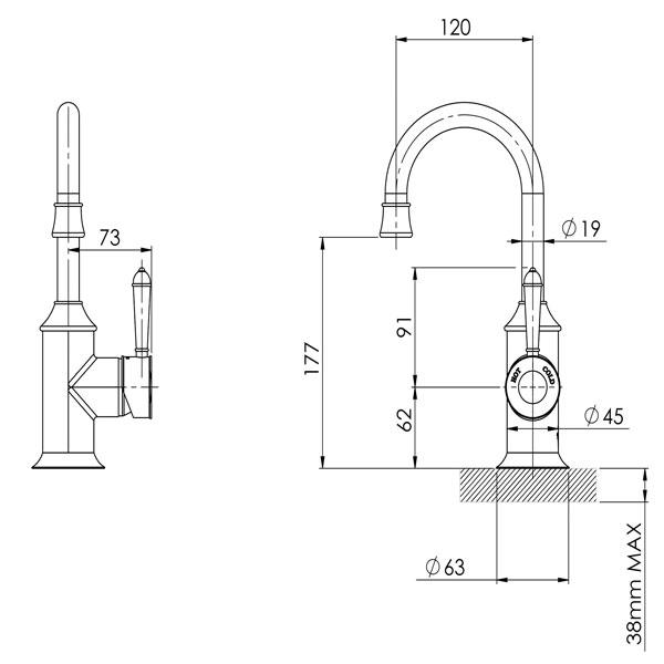 Phoenix Nostalgia Basin Mixer 120mm Gooseneck - Chrome/White -  specs - line drawing and dimensions